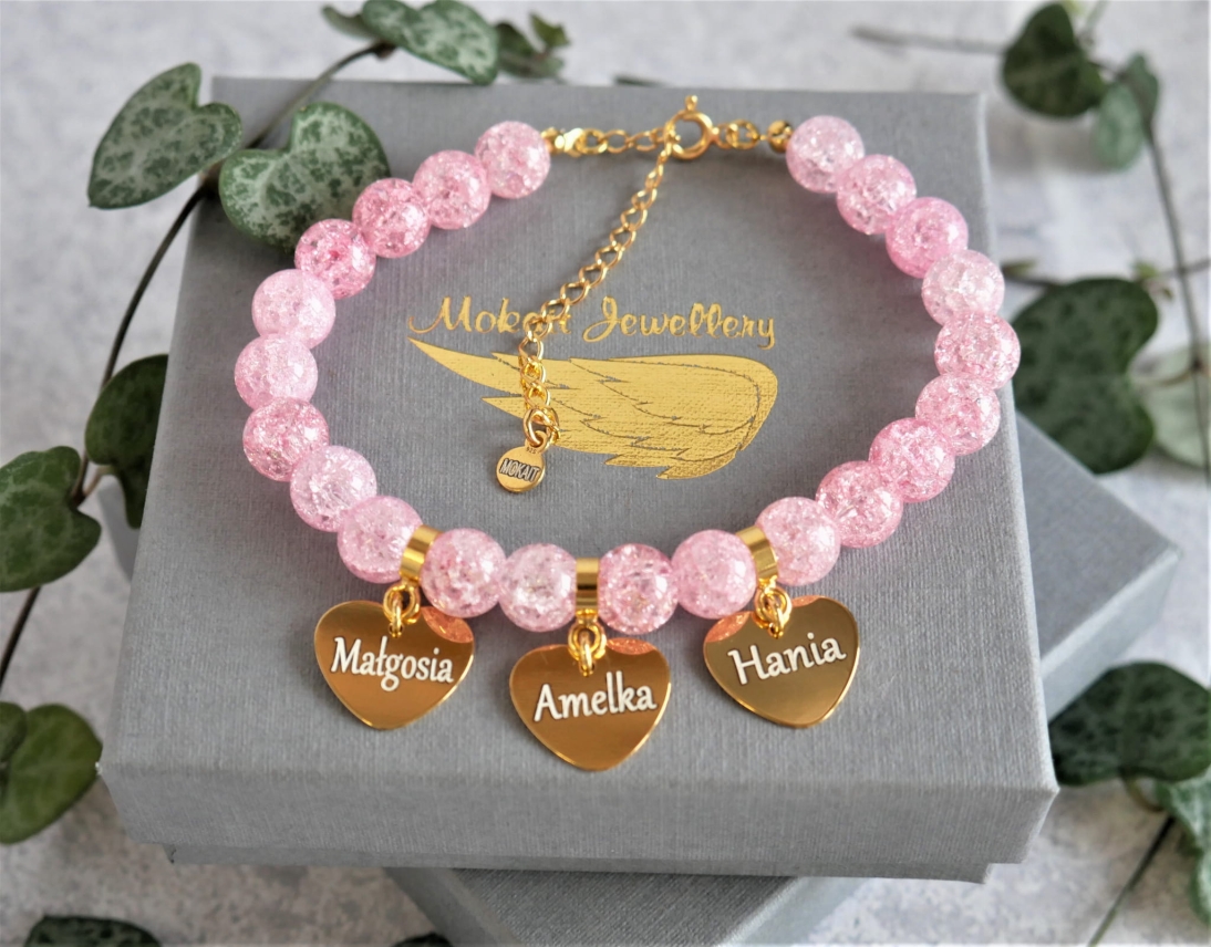 *Konfigurator >>  Bransoletka  kamień naturalny + trzy dowolne zawieszki zapięcie - Biżuteria personalizowana - Bransoletka kryształ róż z grawerowanymi zawieszkami zapięcie, Mokait