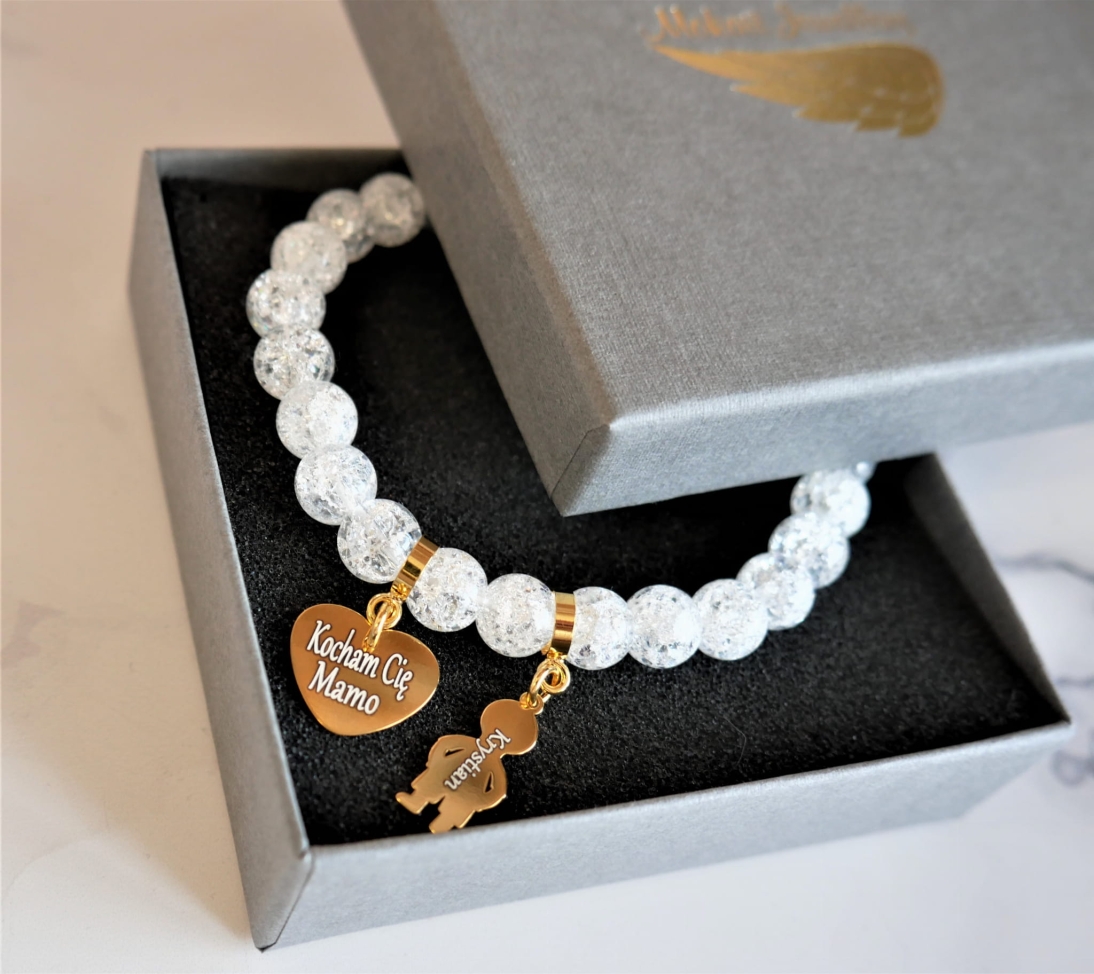 Bransoletka kryształ dla Mamy  z sercem Kocham  Cie mamo i imieniem dziecka - Bransoletka personalizowana - Bransoletka kryształ dla Mamy z sercem Kocham Cie mamo i imieniem dziecka - Bransoletka personalizowana