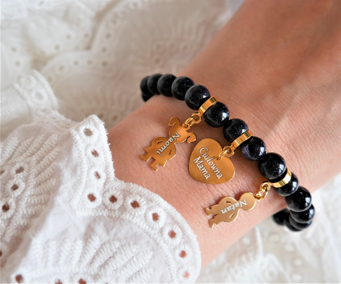 Bransoletka z sercem i z dziećmi - Kamień Noc Kairu - Bransoletka personalizowana - Bransoletka z sercem i z dziećmi - Kamień Noc Kairu - Bransoletka personalizowana