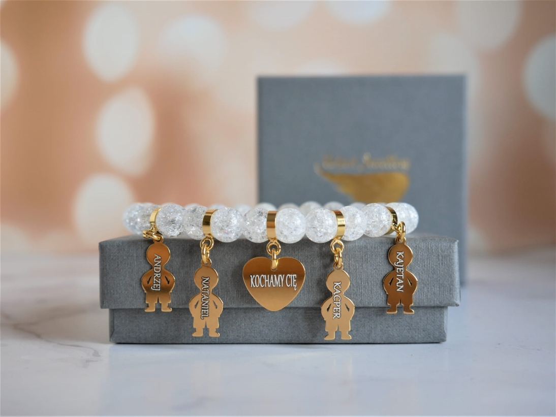 Bransoletka kamień kryształ serce i 4 imiona dzieci - Bransoletka personalizowana - Pomysł na prezent dla Mamy - Bransoletka kamień kryształ serce i 4 imiona dzieci - Bransoletka personalizowana - Pomysł na prezent dla Mamy
