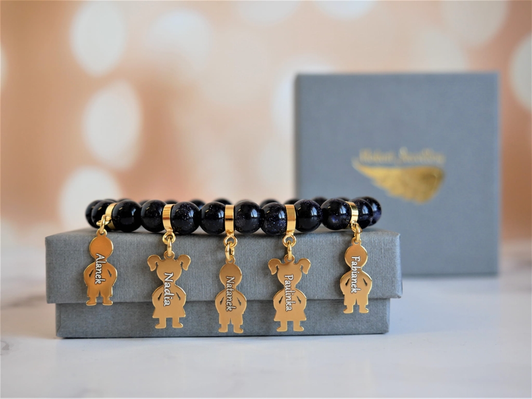 Bransoletka z 5 dzieci z imionami Kamień Noc Kairu - Bransoletka personalizowana - Pomysł na prezent dla Mamy  - Bransoletka z 5 dzieci z imionami Kamień Noc Kairu - Bransoletka personalizowana - Pomysł na prezent dla Mamy