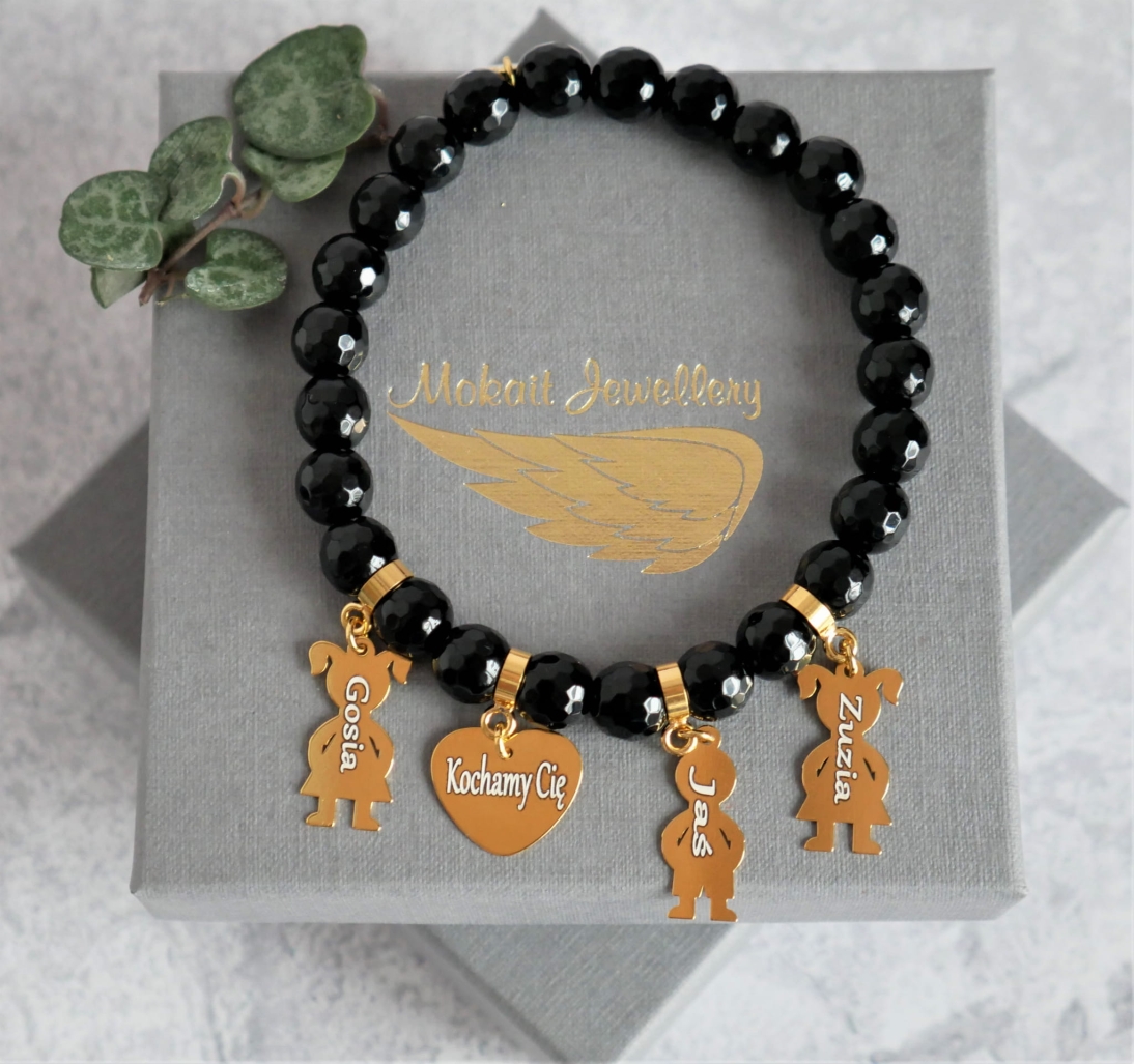 Bransoletka dla mamy z 3 dzieci z imionami - kamień Onyks czarny  - Bransoletka personalizowana - Pomysł na prezent dla Mamy  - Bransoletka dla mamy z 3 dzieci z imionami - kamień Onyks czarny - Bransoletka personalizowana - Pomysł na prezent dla Mamy