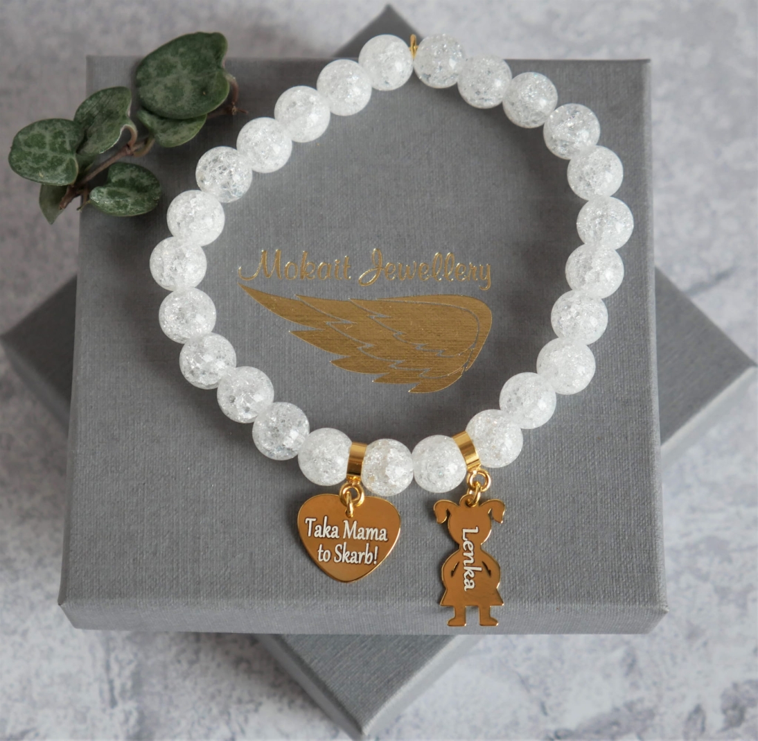 Bransoletka dla mamy z córką z imieniem - kamień Kryształ biały - Bransoletka personalizowana dla Mamy - Bransoletka dla mamy z córką z imieniem - kamień Kryształ biały - Bransoletka personalizowana dla Mamy