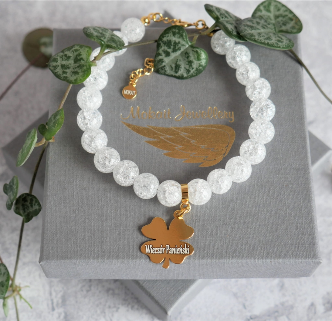 Bransoletka z koniczynką Pamiątka wieczoru panieńskiego - Kamień kryształ biały - Pomysł na prezent dla Panny Młodej - Zapięcie - Bransoletka z koniczynką Pamiątka wieczoru panieńskiego - Pomysł na prezent dla Panny Młodej