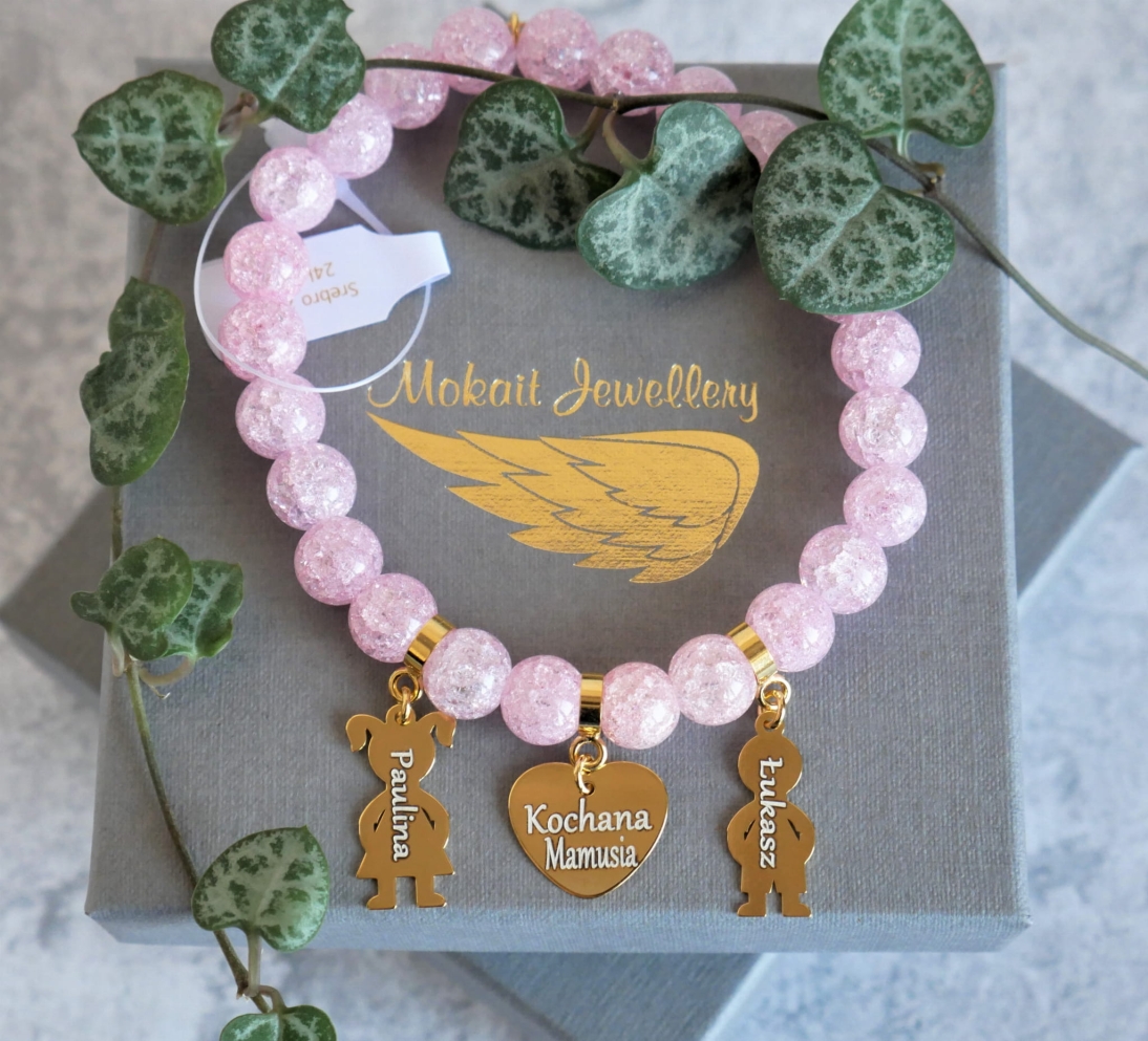 Bransoletka dla Mamy z sercem Kochana Mamusia i z imionami dzieci - Kamień kryształ różowy - Bransoletka personalizowana  - Bransoletka dla Mamy z sercem Kochana Mamusia i z imionami dzieci - Kamień kryształ różowy - Bransoletka personalizowana