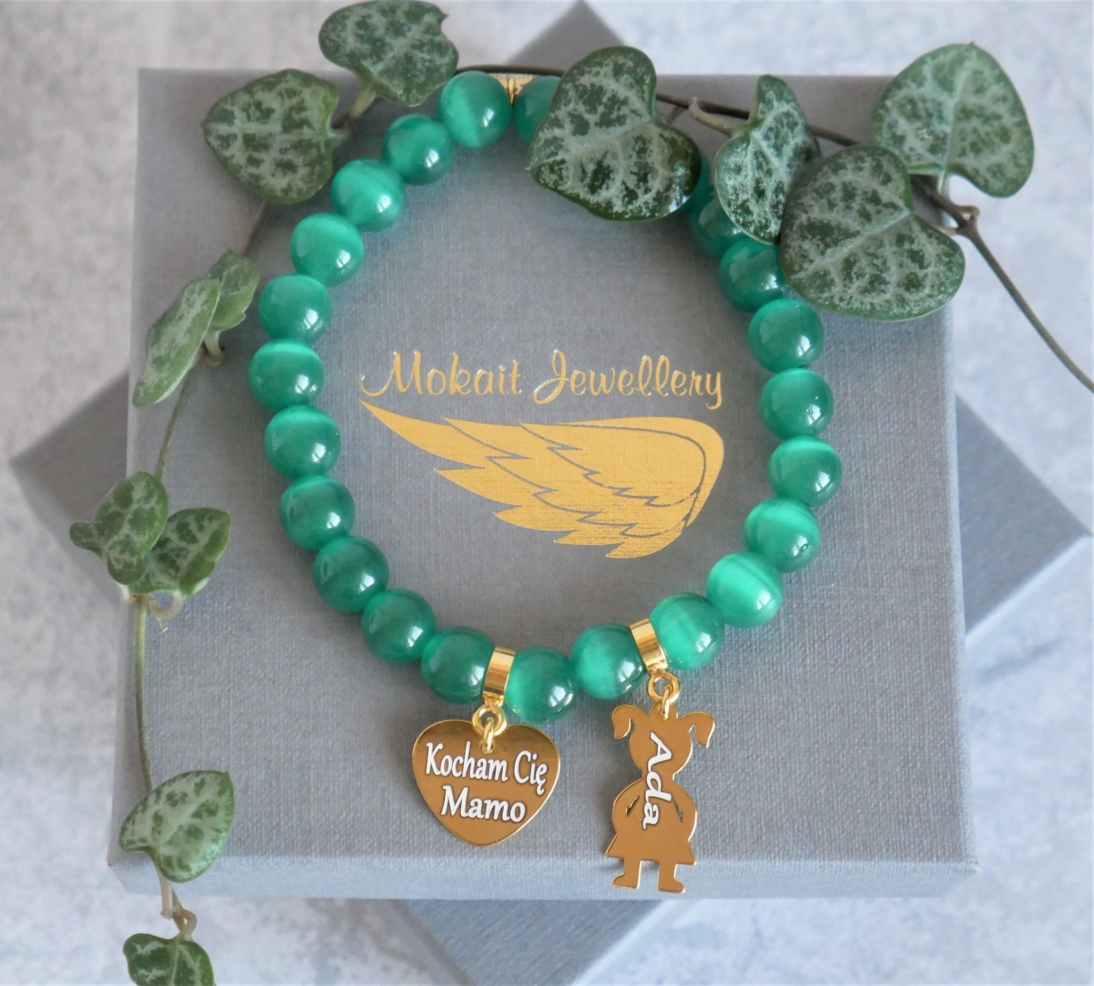 Bransoletka dla mamy Serce : Kocham Cię Mamo z imieniem - kamień zielone kocie oko - Bransoletka personalizowana - bransoletka dla mamy Serce : Kocham Cię Mamo z imieniem - kamień zielone kocie oko - Bransoletka personalizowana