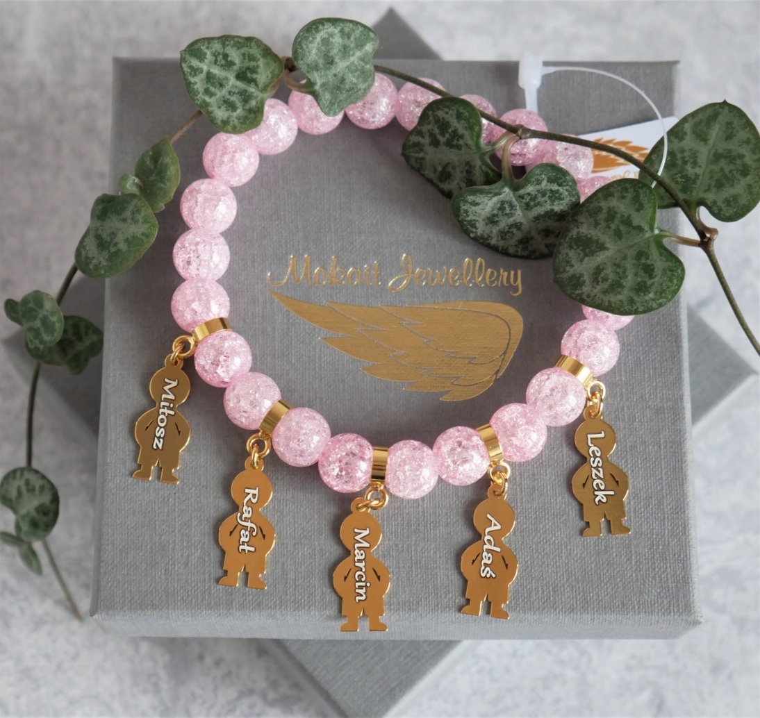 Bransoletka z 5 dzieci z imionami Kamień Kryształ różowy - Bransoletka personalizowana - Pomysł na prezent dla Mamy   - Bransoletka z 5 dzieci z imionami Kamień Kryształ różowy - Bransoletka personalizowana - Pomysł na prezent dla Mamy