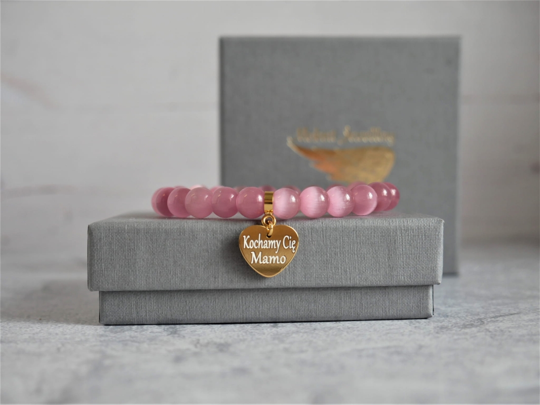  Bransoletka dla Mamy z sercem - Kochamy Cię Mamo - kamień różowe kocie oko - Bransoletka personalizowana - Bransoletka dla Mamy z sercem - Kochamy Cię Mamo - kamień różowe kocie oko - Bransoletka personalizowana