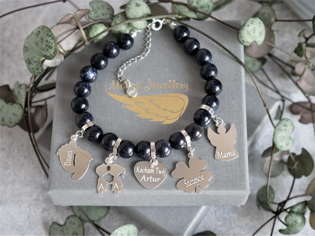 *Konfigurator >>  Bransoletka  kamień naturalny + pięć dowolnych zawieszek z zapięciem - Biżuteria personalizowana  - Bransoletka z 5 dowolnymi elementami z imionami dzieci
