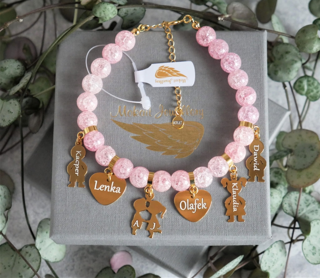 Konfigurator >> Bransoletka kamień + 6 dowolnych zawieszek z zapięciem - Mokait bransoletka personalizowana z grawerem