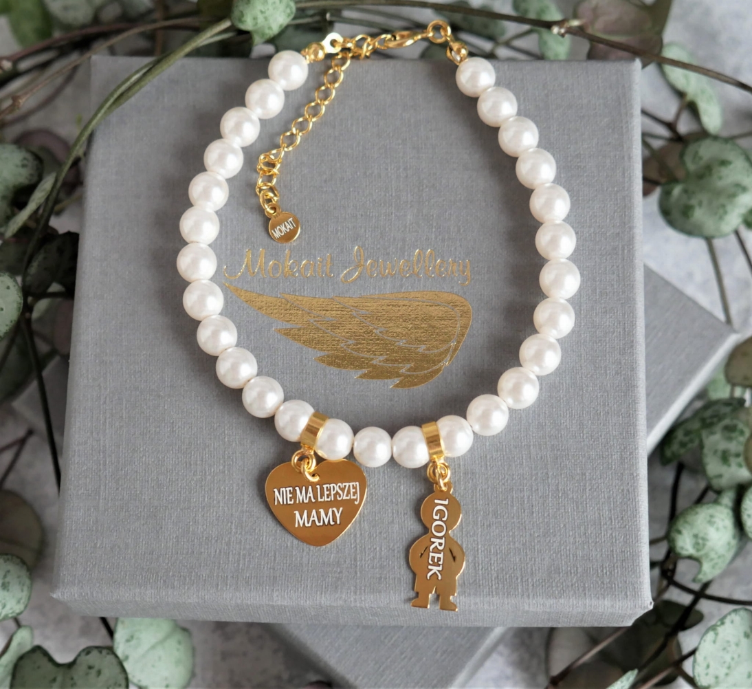 Bransoletka z perełek dla mamy z imieniem dziecka - Serce Nie ma lepszej mamy  - Bizuteria grawerowana - Bransoletka z perełek dla mamy z imieniem dziecka - Serce Nie ma lepszej mamy  - Bizuteria grawerowana