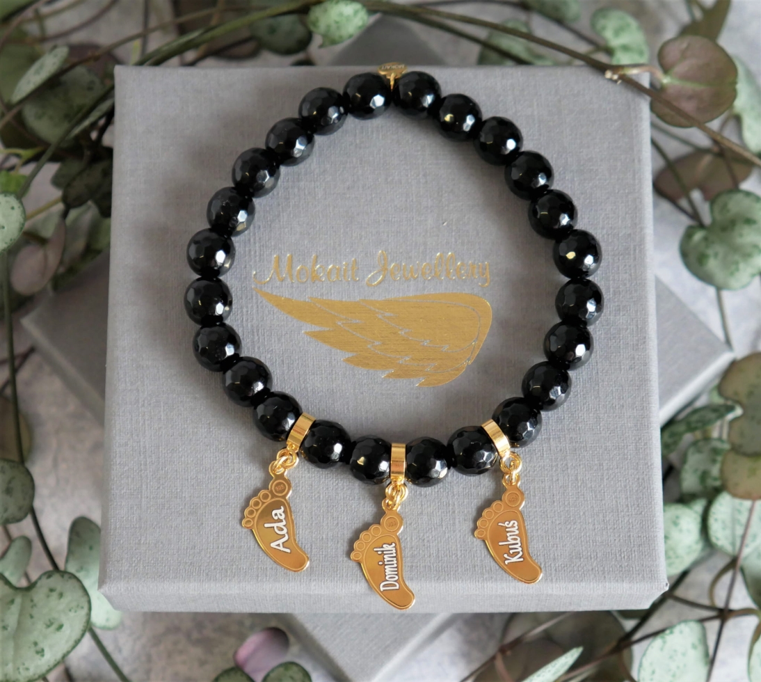 Czarna bransoletka z trzema stópkami dzieci z imionami - Bransoletka personalizowana - Czarna bransoletka z trzema stópkami dzieci z imionami - Bransoletka personalizowana