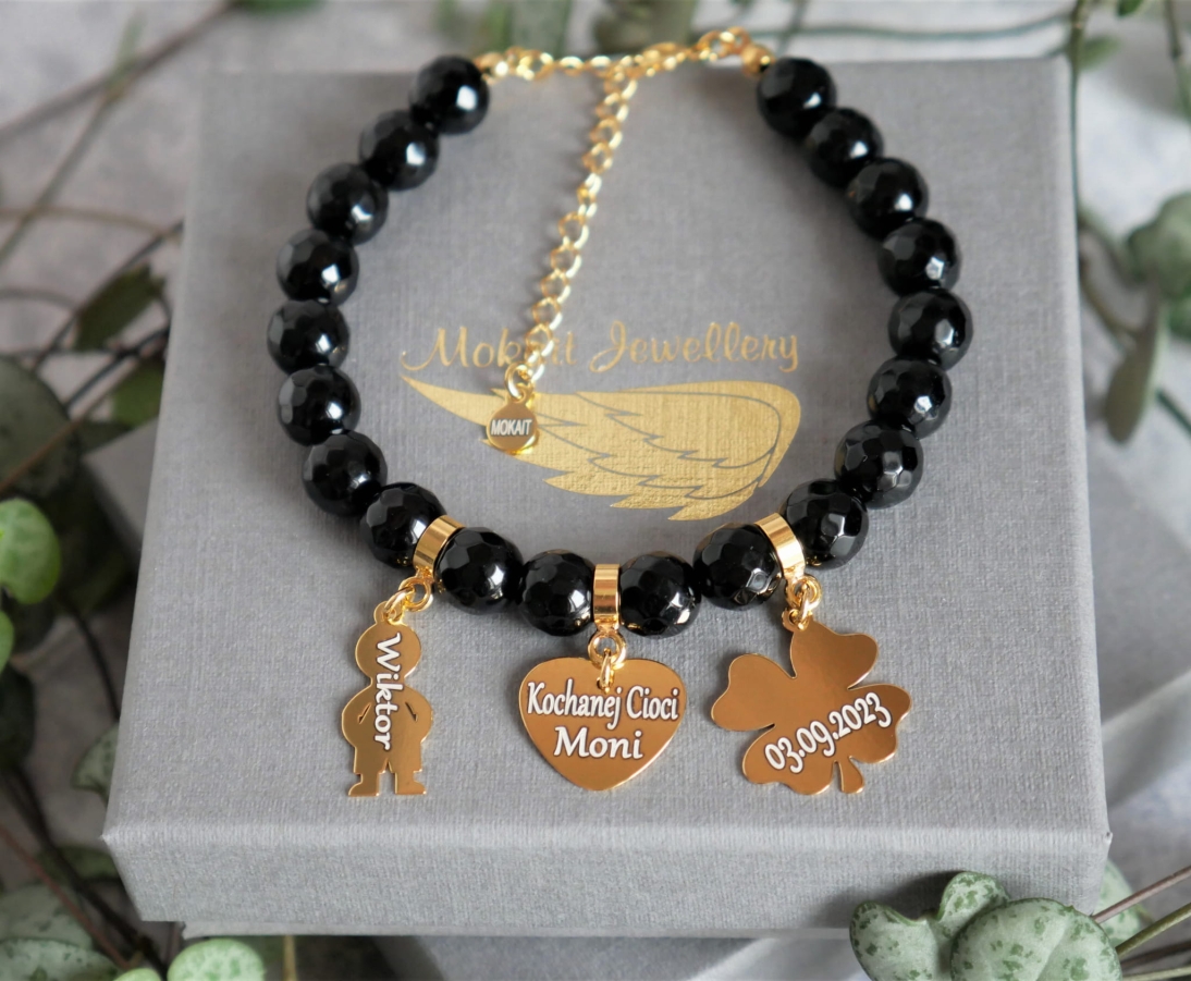 *Konfigurator >>  Bransoletka  kamień naturalny + trzy dowolne zawieszki zapięcie - Biżuteria personalizowana - Czarna bransoletka dla cioci
