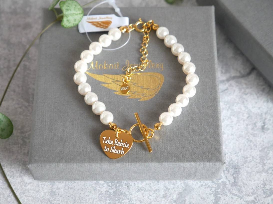 Bransoletka z perełek dla Babci - Prezent dla Babci z sercem - Bransoletka personalizowana na prezent - Bransoletka z perełek dla Babci - Prezent dla Babci - Bransoletka personalizowana na prezent