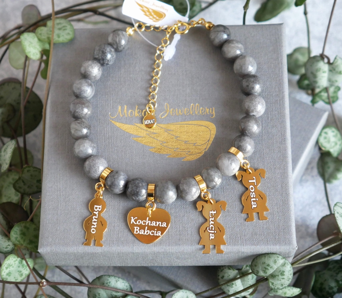 Bransoletka z zapięciem dla Babci z Sercem Kochana Babcia i imionami - Marmurek szary - Bransoletka z zapięciem dla Babci z Sercem Kochana Babcia - Marmurek szary