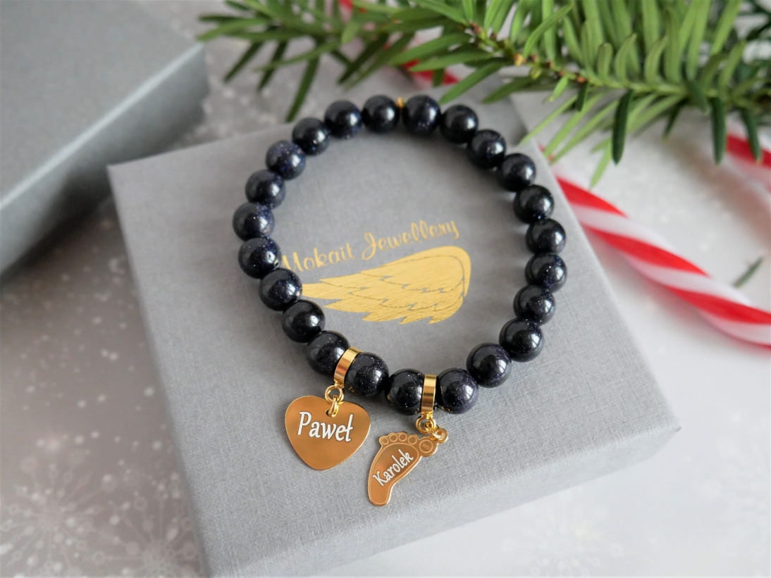 Bransoletka personalizowana z imionami - Pomysł na prezent z sercem - Kamień noc kairu  - Prezent na święta Bransoletka personalizowana z imionami - Pomysł na prezent pod choinkę z sercem - Kamień noc kairu