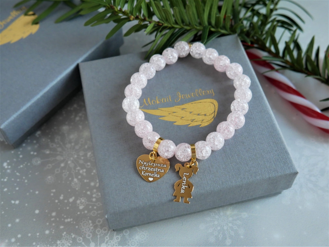 Prezent na gwiazdkę z personalizacją - Bransoletka personalizowana z imionami - Pomysł na prezent pod choinkę z sercem - Kamień kryształ róż - Prezent na gwiazdkę z personalizacją - Bransoletka personalizowana z imionami - Pomysł na prezent pod choinkę z sercem - Kamień kryształ róż