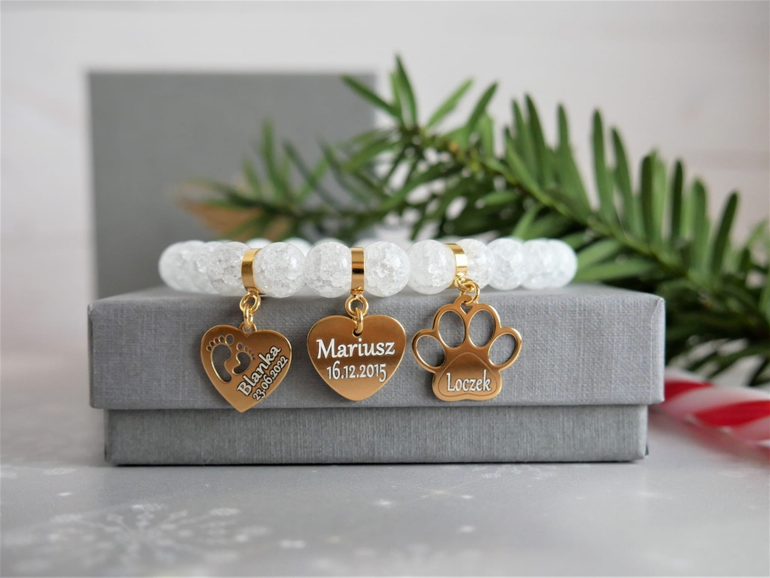 Prezent pod choinkę na gwiazdkę - Bransoletka personalizowana - Pomysł na prezent bożonarodzeniowy z imionami - kamień kryształ biały - Prezent pod choinkę na gwiazdkę - Bransoletka personalizowana - Pomysł na prezent bożonarodzeniowy z imionami - kamień kryształ biały