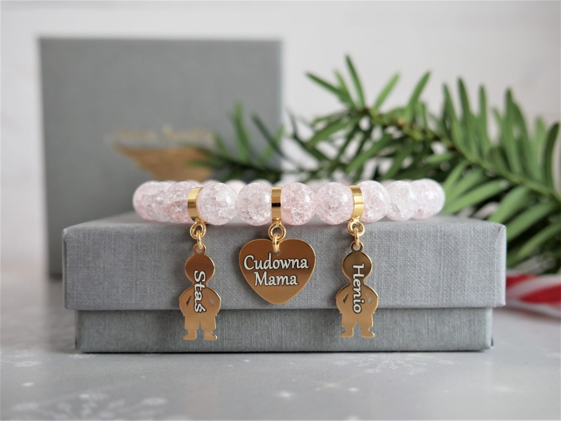 Prezent dla Babci - Bransoletka personalizowana - Pomysł na prezent  z imionami - kamień kryształ różowy - Prezent pod choinkę na gwiazdkę - Bransoletka personalizowana - Pomysł na prezent bożonarodzeniowy z imionami - kamień kryształ biały