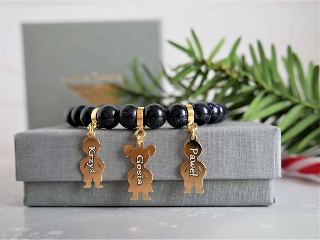 Prezent pod choinkę na gwiazdkę - Bransoletka personalizowana - Pomysł na prezent bożonarodzeniowy z imionami - kamień Noc Kairu - Prezent pod choinkę na gwiazdkę - Bransoletka personalizowana - Pomysł na prezent bożonarodzeniowy z imionami - kamień Noc Kairu
