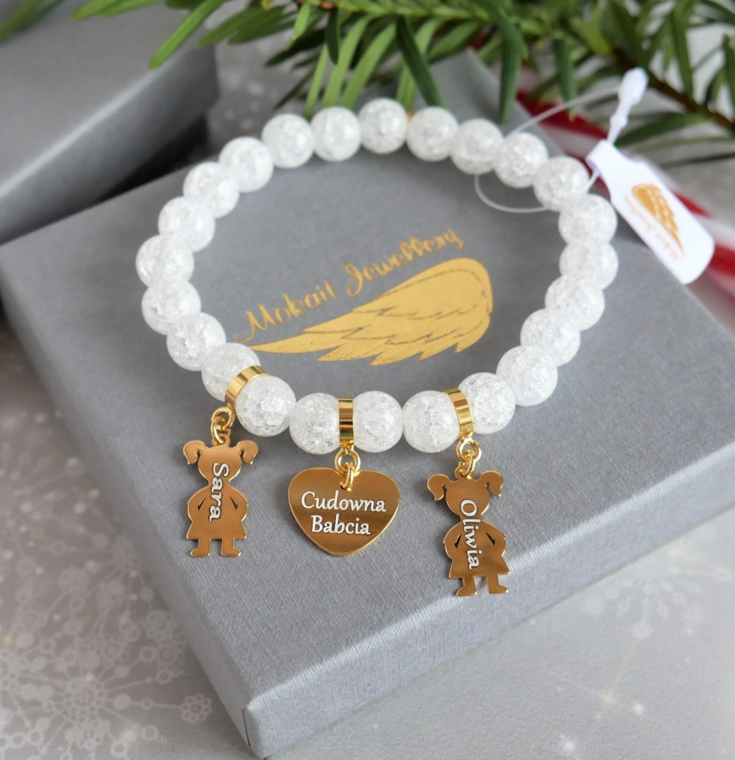 Prezent dla Babci - Bransoletka personalizowana - Pomysł na prezent  z imionami dla Babci - kamień kryształ biały