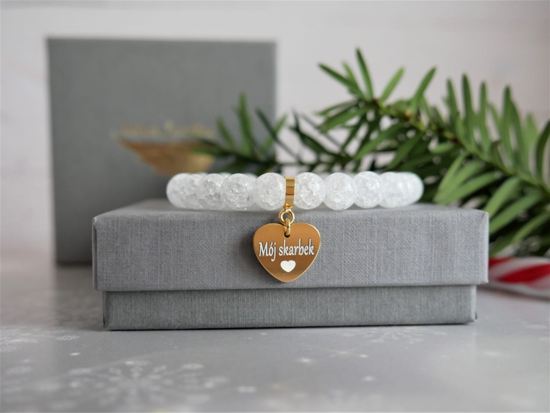 Bransoletka biała z sercem - Bransoletka grawerowana - Kamień Kryształ biały - Prezent pod choinkę - Prezent na święta - Bransoletka biała z sercem - Bransoletka grawerowana - Kamień Agat biały