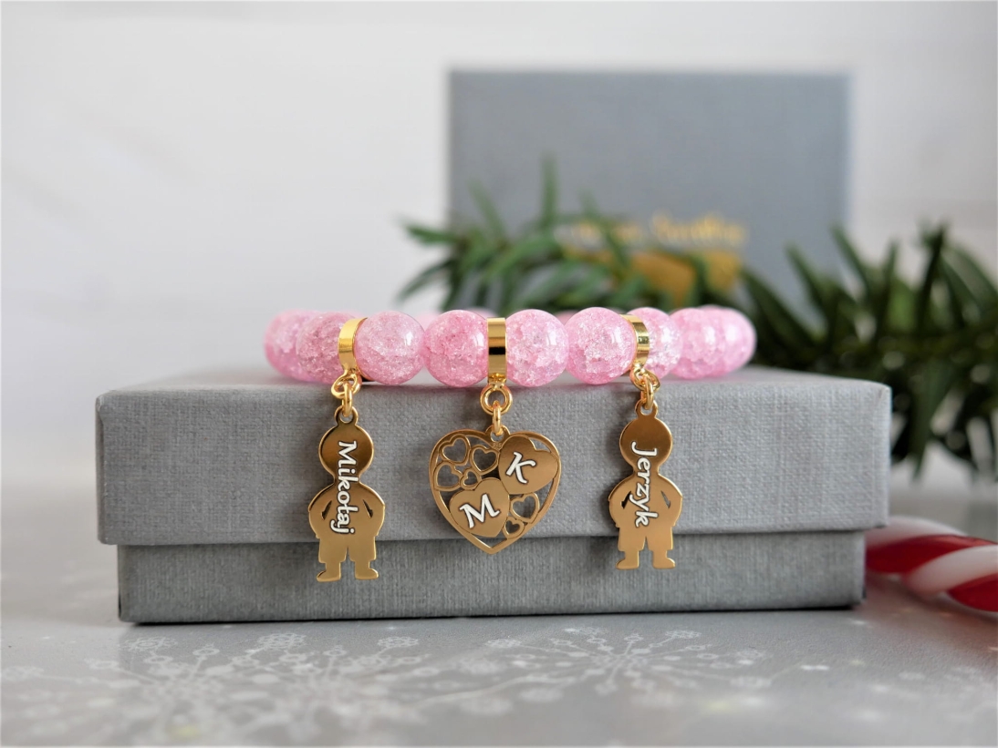 Prezent pod choinkę na gwiazdkę - Bransoletka personalizowana - Pomysł na prezent bożonarodzeniowy z imionami - kamień kryształ różowy - Prezent pod choinkę na gwiazdkę - Bransoletka personalizowana - Pomysł na prezent bożonarodzeniowy z imionami - kamień kryształ różowy