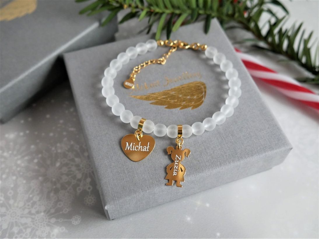 Prezent na gwiazdkę - Bransoletka personalizowana z sercem - Matowa  bransoletka z grawerem alabaster - Prezent na gwiazdkę - Bransoletka personalizowana z sercem - Matowa  bransoletka z grawerem