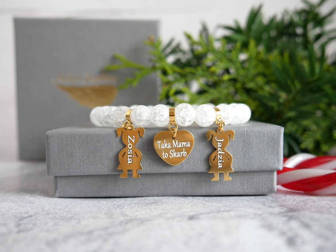 Prezent pod choinkę dla Mamy z sercem i dziećmi z imionami - Bransoletka personalizowana - Pomysł na prezent bożonarodzeniowy z imionami - kamień kryształ biały   - Prezent pod choinkę z sercem i dziećmi z imionami - Bransoletka personalizowana - Pomysł na prezent bożonarodzeniowy z imionami - kamień kryształ biały