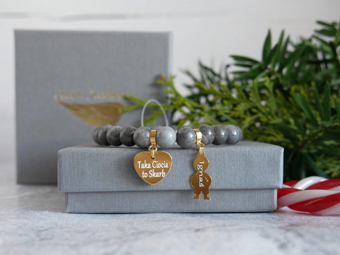 Prezent dla Cioci - Bransoletka personalizowana z imionami - Pomysł na prezent z sercem - Kamień marmurek szary - Prezent na święta dla Cioci - Bransoletka personalizowana z imionami - Pomysł na prezent pod choinkę z sercem - Kamień marmurek szary