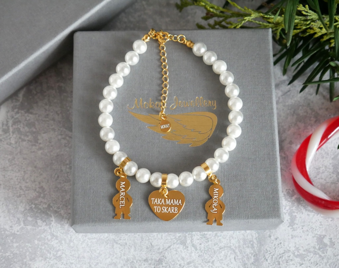  Bransoletka perły dla Mamy z sercem Taka Mama to Skarb - dowolne imiona dzieci - Bransoletka personalizowana  - Bransoletka perły dla Mamy z sercem Taka Mama to Skarb - dowolne imiona dzieci - Bransoletka personalizowana
