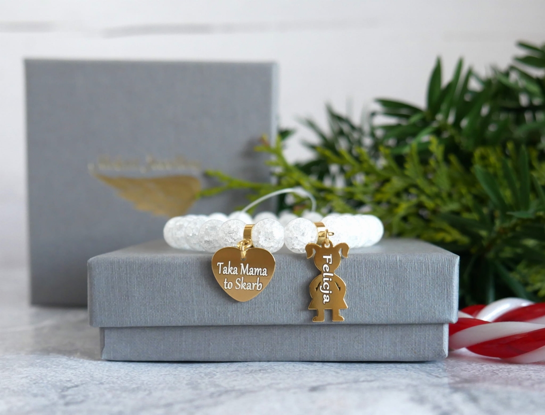 Bizuteria z sercem - Prezent na gwiazdkę z personalizacją - Bransoletka personalizowana z imionami - Pomysł na prezent pod choinkę z sercem - Kamień kryształ biały  - Bizuteria z sercem - Prezent na gwiazdkę z personalizacją - Bransoletka personalizowana z imionami - Pomysł na prezent pod choinkę z sercem - Kamień kryształ biały
