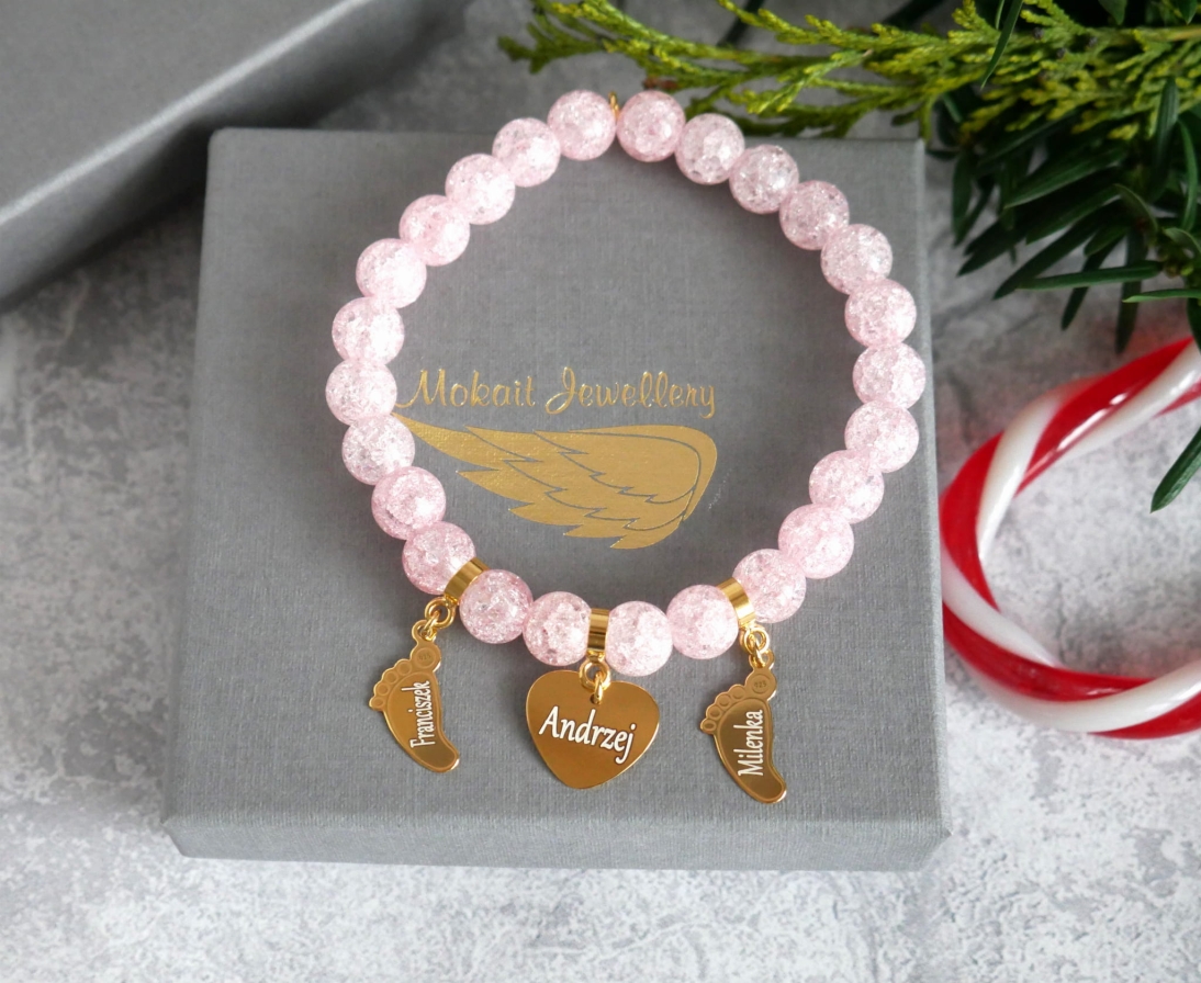 Prezent pod choinkę z sercem i stópkami dzieci z imionami - Pomysł na prezent bożonarodzeniowy z imionami - kamień kryształ róż - Prezent pod choinkę z sercem i stópkami dzieci z imionami - Pomysł na prezent bożonarodzeniowy z imionami - kamień kryształ róż