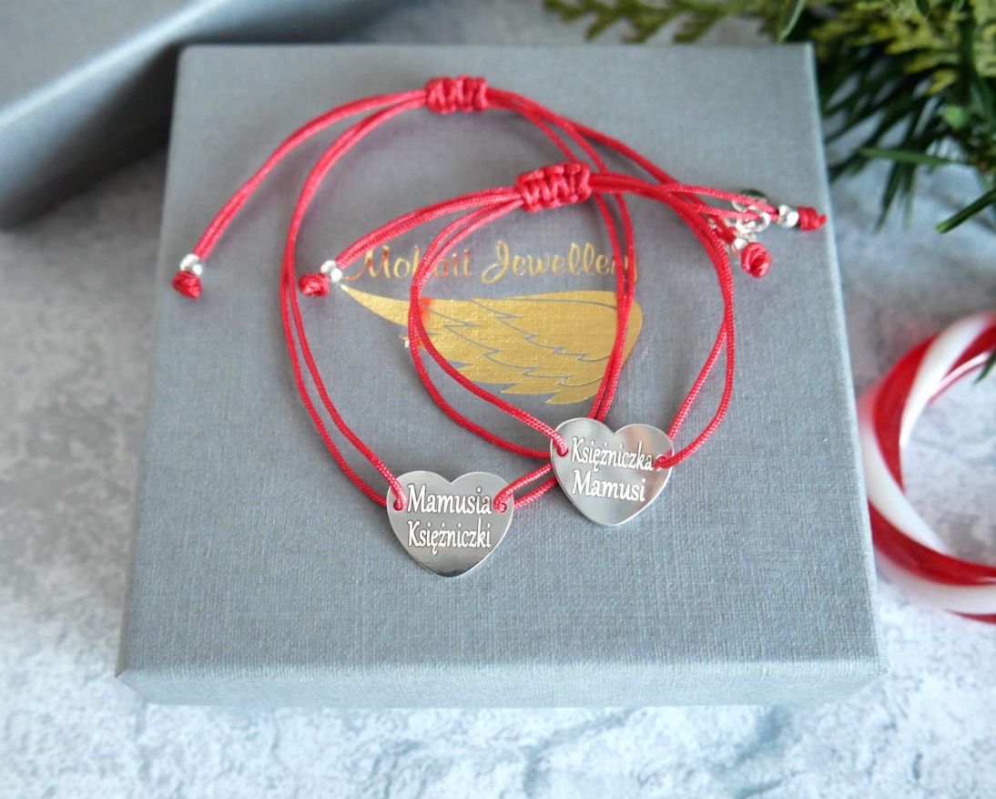 Bransoletki na czerwonym sznurku z serduszkiem dla Mamy i córki  - Bransoletki personalizowane - Bransoletki na czerwonym sznureczku z serduszkiem dla Mamy i córki - Bransoletki personalizowane