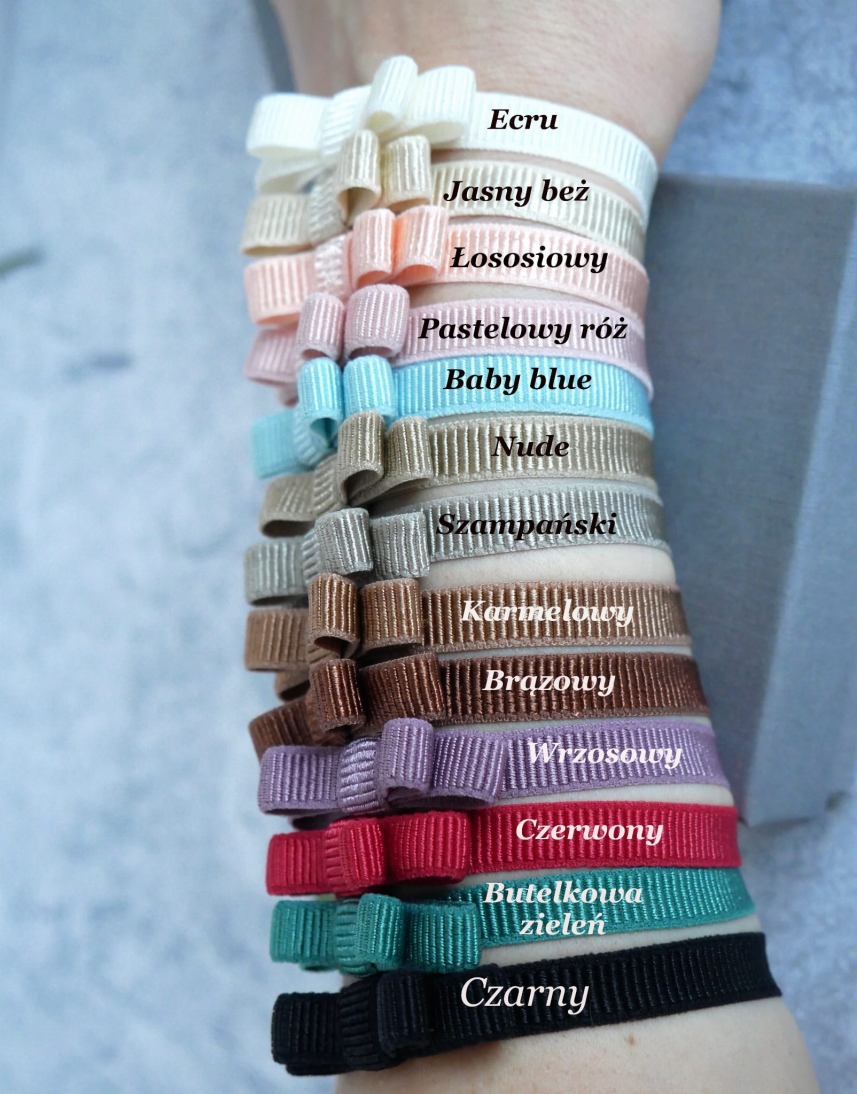 Bransoletka z kokardką na niebieskiej (Baby blue) elastycznej wstążce ze stópką dziecka z imieniem - Dowolna personalizacja - Bransoletka z kokardką  - kolory wstazek.JPG