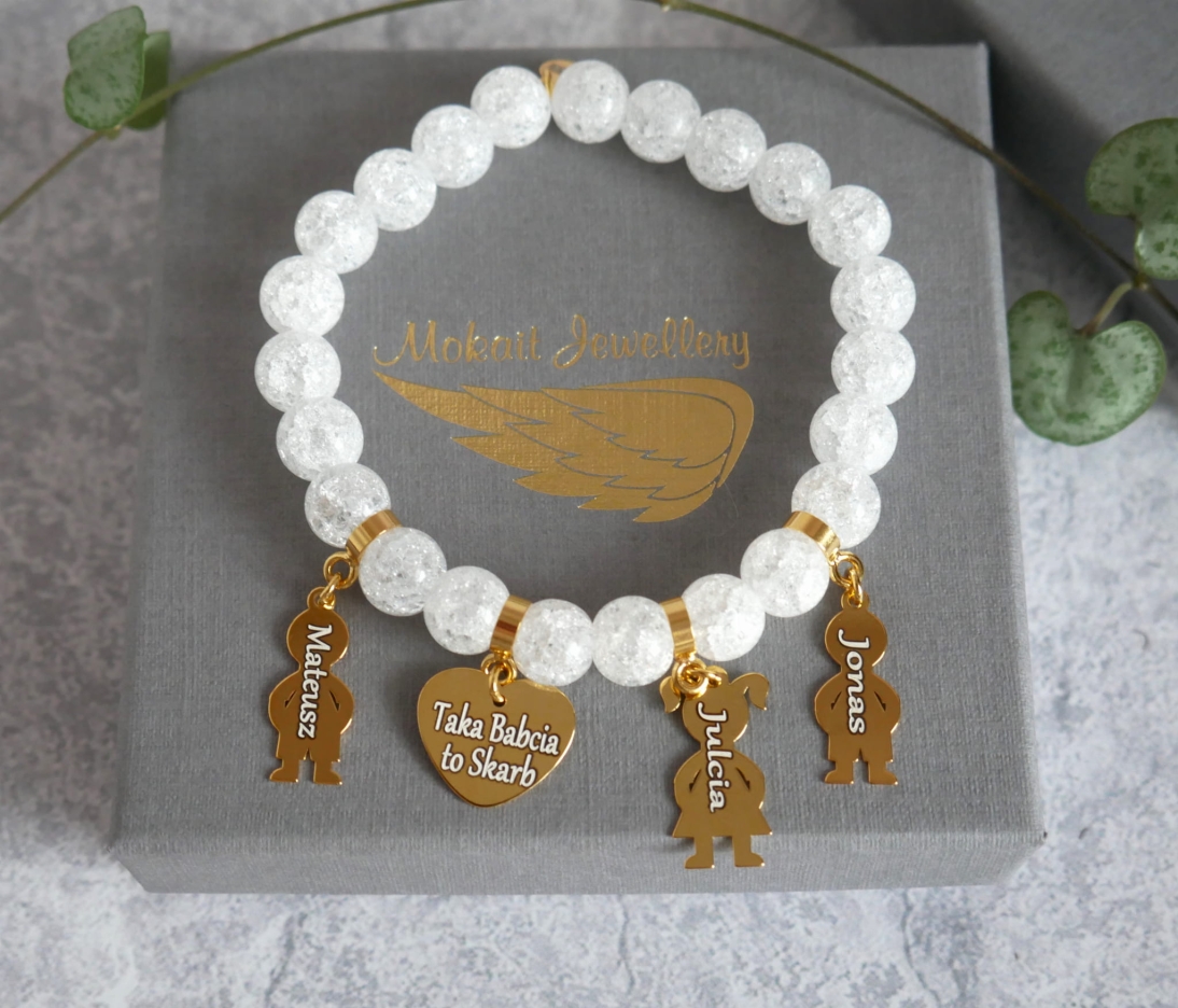 Bransoletka dla Babci z wnukami Kryształ biały i serce Taka Babcia to Skarb - Pomysł na prezent na Dzień Babci