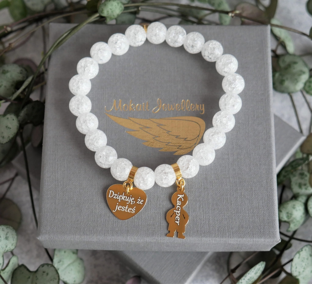 Bransoletka  dla Babci z grawerem Dziękuje że jesteś - Pomysł na prezent na Dzień Babci - Kamień kryształ biały