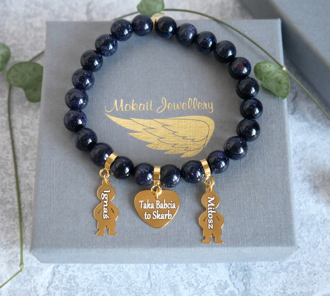 Prezent na Dzień Babci - Bransoletka z grawerem - Serce i imiona wnuków - Kamień Noc Kairu - Prezent na Dzień Babci - Bransoletka z grawerem - Serce i imiona wnuków - Kamień Noc Kairu
