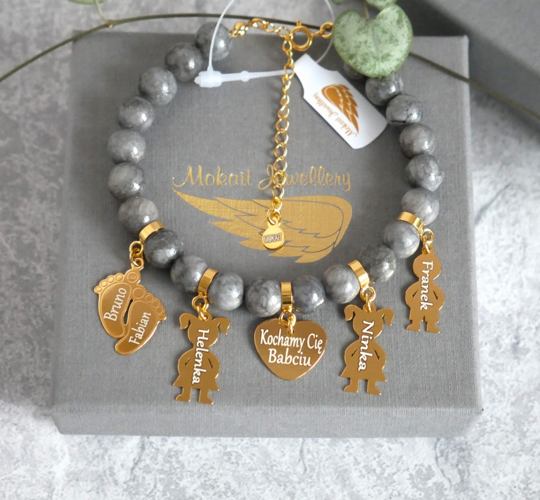 *Konfigurator >>  Bransoletka  kamień naturalny + pięć dowolnych zawieszek z zapięciem - Biżuteria personalizowana 