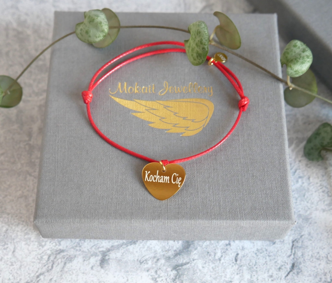 Czerwona bransoletka z sercem - Kocham Cię - Pomysł na prezent  walentynkowy - biżuteria personalizowana  - Czerwona bransoletka z sercem - Kocham Cię - Pomysł na prezent  walentynkowy - biżuteria personalizowana