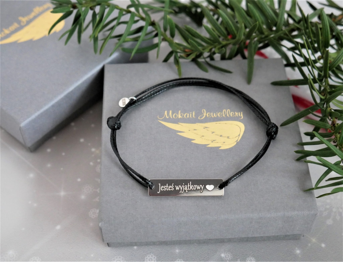 Bransoletka męska dla Niego na czarnym sznurku - Jesteś wyjątkowy <3  Prezent na walentynki dla mężczyzny - Bransoleta męska na czarnym sznurku dla Taty - Jesteś wyjątkowy