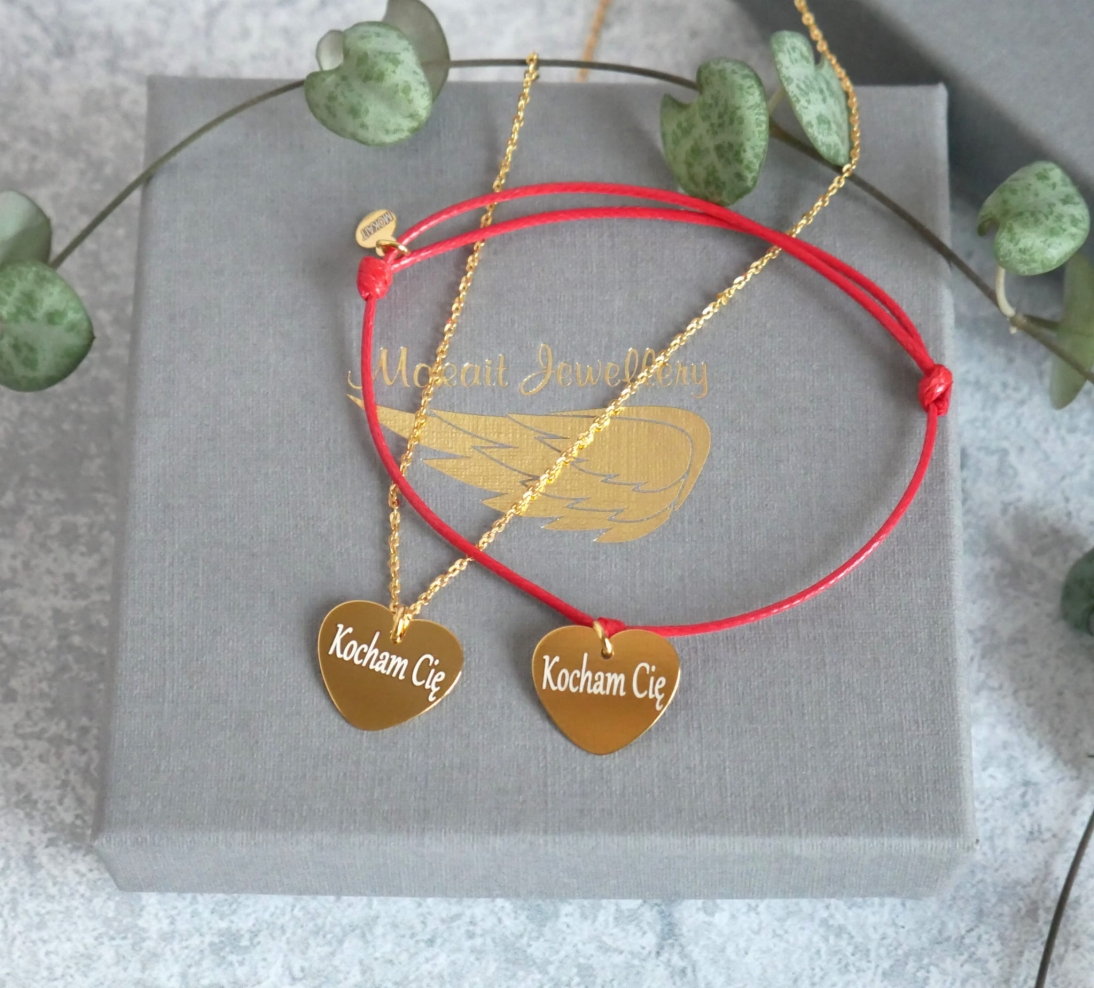 Zestaw z Sercem Bransoletka + Naszyjnik z grawerem : Kocham Cię - Pomysł na prezent z okazji Walentynek - Zestaw z Sercem Bransoletka + Naszyjnik z grawerem : Kocham Cię - Pomysł na prezent z okazji Walentynek