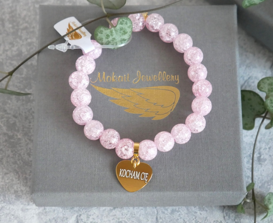 Bransoletka kryształ różowy z sercem - Kocham Cię - Pomysł na prezent z okazji walentynek - Bransoletka kryształ różowy z sercem - Kocham Cię - Pomysł na prezent o okazji walentynek