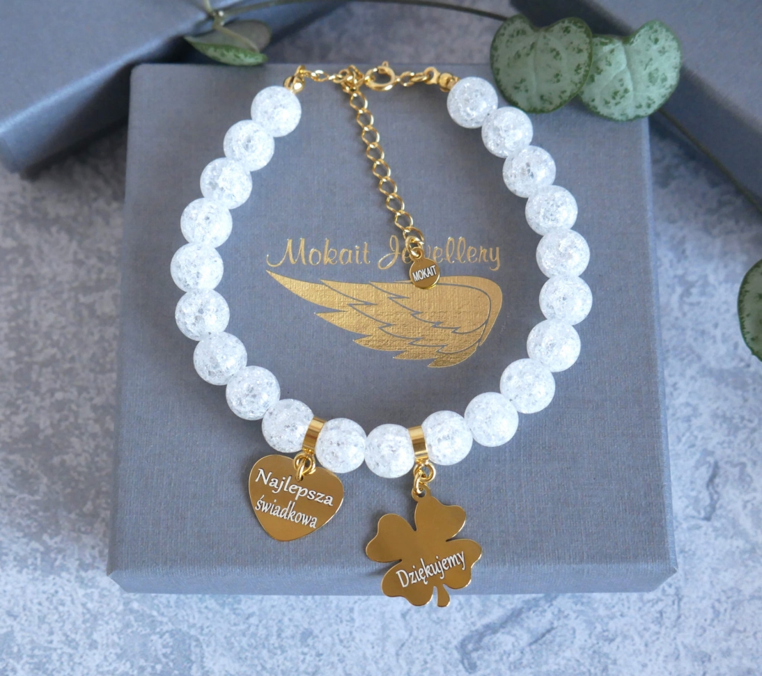 Podziękowania dla Świadkowej - Bransoletka regulowana Kamień kryształ z z sercem i koniczyną - Bransoletka personalizowana - Podziękowania dla Świadkowej - Bransoletka regulowana Kamień kryształ z z sercem i koniczyną - Bransoletka personalizowana