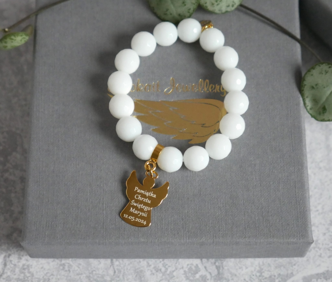 Pamiątka Chrztu Świętego - Biała bransoletka z Aniołkiem na chrzest dla dziecka - Kamień Agat biały - Bransoletka personalizowana  - Pamiątka Chrztu Świętego - Biała bransoletka z Aniołkiem na chrzest dla dziecka - Kamień Agat biały - Bransoletka personalizowana